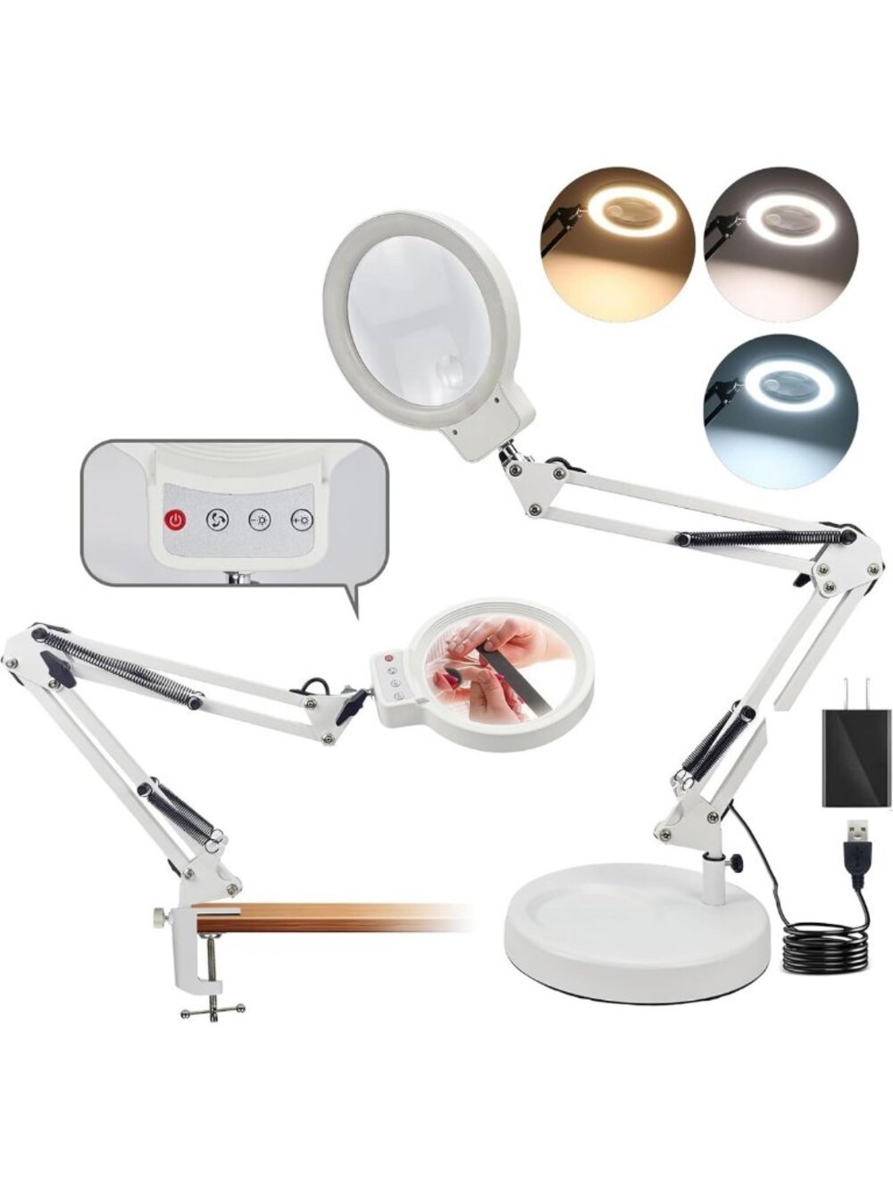 LED Magnifying Lamp with Stand & Clamp - 10X/20X, 3 Color Modes, Dimmable for